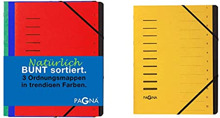 Pagna Ordnungsmappenset 12 Fächer Basic sortiert, Set mit 3 Stück, rot, blau, grün & 40059-05 Ordnungsmappe, 12-teilig, 1-12, gelb 1 Stück