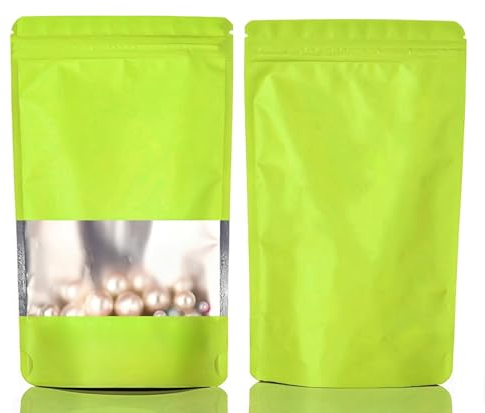 Rimiko 100 Pezzi Sacchetti di Alluminio Stand up Colorati con Finestra, Bustine per Imballaggio in Mylar con Zip, Buste Richiudibili a Chiusura per Conservazione Alimenti (Verde, 12x20cm)