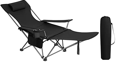 WOLTU Campingstuhl klappbarer Angelstuhl ultraleichter Stuhl Liegestuhl mit Lehne Fußstütze Getränkehalter Aufbewahrungstasche Sonnenstuhl belastbar 150 kg Faltstuhl aus Oxford-Gewebe Schwarz