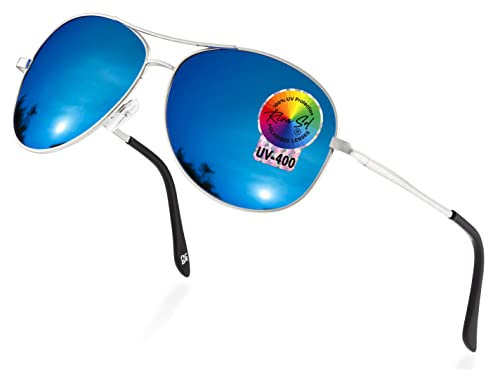 RivaSol Polarisierte Sonnenbrille für Herren und Damen, Unisex, silberfarbener Rahmen, verspiegelte Gläser, UV400, mit Kunstlederetui, ideal für Strandurlaub, Festivals, Autofahren und Sport, Blauer