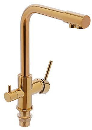 3-Wege Trinkwasserhahn Armatur, 360 ° Schwenkbar Küchenarmatur Wasserfilter Wasserhahn, 3-in-1 Wasserhahn Küche, Edelstahl 304, Trinkwasserhahn mit 2 Hebel (Gold)