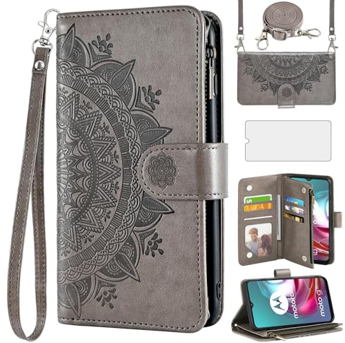 Asuwish Funda para Motorola Moto G30/G20/G10 con Correa y Protector de Pantalla Ranura para Tarjetas Plegable Cuero Flores Billetera Soporte G 30 20 10 Power 30G Funda Protectora Gris
