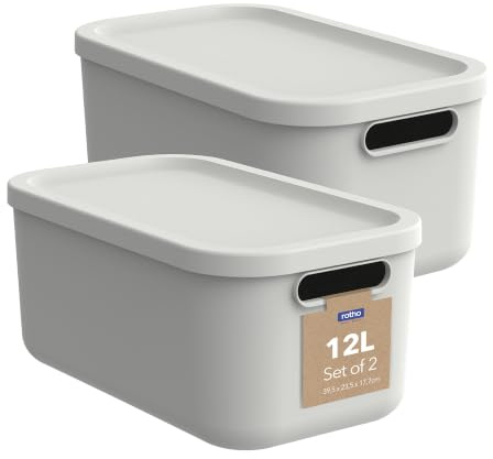 Rotho Albula Aufbewahrungsbox mit Deckel 2 x 12 L stapelbar Creme-Weiß | Aufbewahrungsboxen für Küche und Bad, sicher verschließbar, 2 offene Griffe, nestbar, aus recyceltem Kunststoff, pflegeleicht