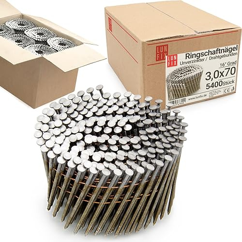 5400pcs Clous en rouleau 16° 3,0 x 70mm acier non galvanisé tige annelée, reliés fil pour cloueur pneumatique, cloueuse, pistolet à clou, bois, palettes, clôtures, coffrages