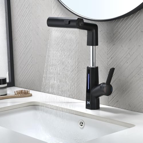 BEITH Wasserfall Waschtischarmatur, 3 Modi Mischbatterie Bad Modern mit LED-Digitalanzeige, Ausziehbar, Drehbar, Höhenverstellbar, Mischbatterie Waschbecken Einhebel, 59A Messing, für Badezimmer