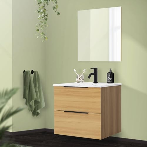 ML-Design Badmöbel-Set 3-teilig, Spiegel 60x60 cm, Unterschrank 60x46,5x53,5 cm, MDF, Braun, Waschbecken 61cm, Keramik, Weiß, modern, Waschtisch, Badezimmermöbel, Badezimmer Möbel, viel Stauraum