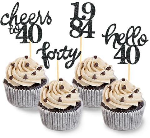 24 Pcs Glitter 40th Birthday Cupcake Toppers for Celebrating Forty Years Old Birthday Party Decorations for 40th Anniversary Party Supplies (Black)
