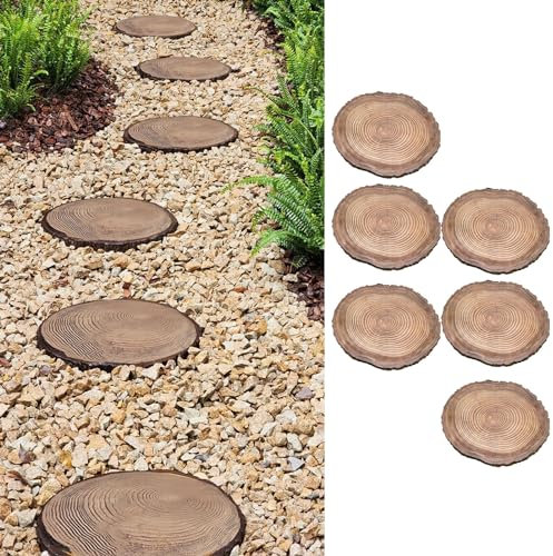Trittsteine für Garten Runder Dekorativer Trittstein in Holzoptik, Äußere Klotzbeschaffenheits-Pflastersteinausrüstungen, Rustikaler Dimensionaler Fußstein für Gartenweg, Blumenbeet (Color : 6 Pack)