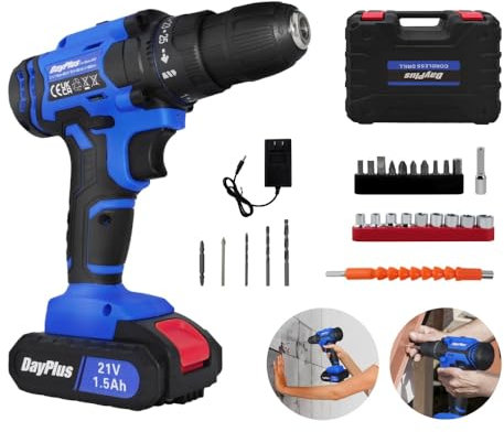 21V Visseuse Devisseuse Sans Fil, Perceuse Visseuse Sans Fil avec 1Batterie&Chargeur,45N.m Perceuse Électrique,Mandrin Sans clé 3/8, 25+1 Réglages de Couple, LED,26 Accessoires, Bleu