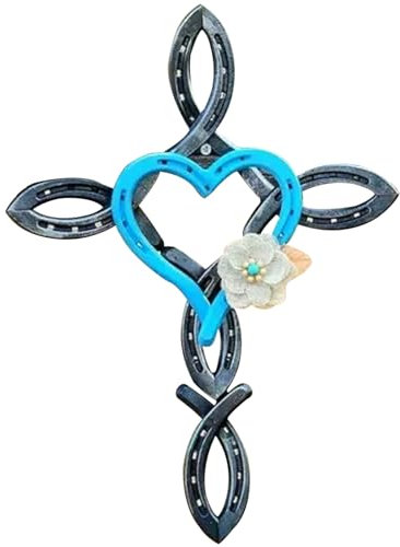 KYEQATY Croce da parete decorativa da giardino a ferro di cavallo naturale con cuore e fiore croce in metallo rustico croce in metallo ornamenti da giardino per giardino cortile decorazione della