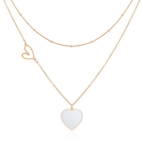 Linawe Collier en forme de cœur pour femme, collier blanc, pendentif, collier en or rose avec pendentif en forme de cœur, bijoux en acier inoxydable, ensemble de chaînes à superposer
