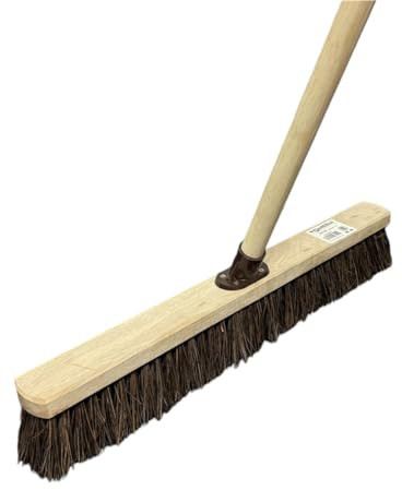 24” inch / 60cm Stiff Yard Brush Heavy Duty Outdoor Garden Broom Outdoor with Durable Support Bracket with 120 cm Wooden Handle Hard Bristle Broom Sweeping Brush Outdoor with Natural Bassine Bristles