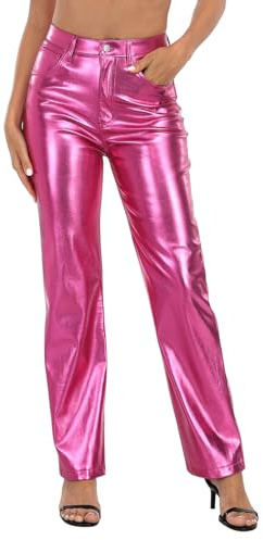 HDE Women's Shiny Metallic Faux Leather Pants High Waisted Straight Leg Trousers Hot Pink - 6