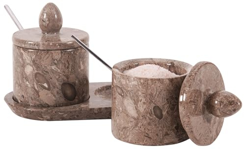 Premium handgjord saltkällare i havsmarmor, set med 2 med bricka, lock och skedar 10 cm – naturlig sten, lyxig krydd- och sockerbehållare för köksbänk, modern marmordekor