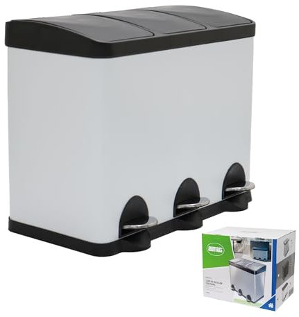 Amig - Dreifacher Mülleimer mit Pedalen 45 Liter Model. RECIK3 | 3 herausnehmbare 15-Liter-Fächer | Recyclingbehälter für die Küche | Stahl | 60 x 37 x 49 cm | Weiß