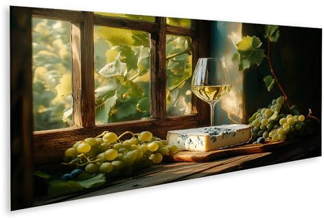 islandburner Bild auf Leinwand Weinglas und Käse am Fenster mit Weinreben Bilder Wandbilder Poster