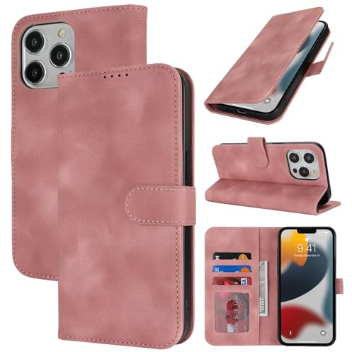 Zouzt Cover per iPhone 13 Pro 6,1 pollici, Custodia antiurto per telefono Cellulare Magnetica in Pelle PU Custodia in Flip Case Portafoglio Slot CarteSupporto Phone Cover (Rosa Vintage)