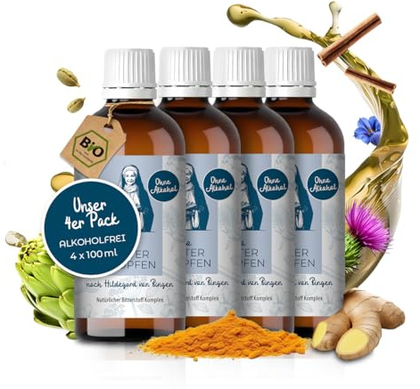 Aura vom Land Bio Premium Bittertropfen Alkoholfrei nach Hildegard von Bingen 4x100ml Set – Hochdosierte Bitterstoffe Komplex als Tropfen – 9 Natürliche Bitterkräuter – Bitter Made in Germany