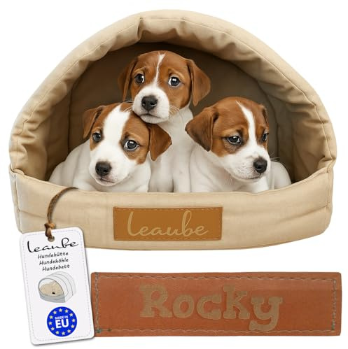 Leanbe Personalisierte Hundehütte/Hundehöhle – Kuscheliges Hundebett mit Namensgravur – Katzenhöhle & Schlafplatz für kleine und große Hunde Hundehaus (BEIGE, R3:55x47x39cm)