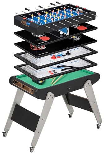 HOMCOM 6 en 1 Mesa Multijuegos para Niños de 7+ Años con Ruedas Mesa de Billar Ping Pong Futbolín Aro de Lanzamiento Hockey sobre Hielo Aire Hockey para Hogar Familia 120x88x79 cm Negro y Gris