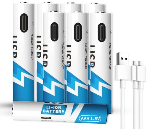 AAA USB Rechargeable Lithium Batteries, Lithium 1.5V 750 mWh, Long Lasting, Charges 1 Hours, 2-in-1 USB-C Charging Cable, 1500 Cycles for Household, Electronics, Constant Output, 8-Battery Pack