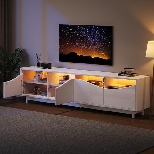 LONELYO Meuble TV avec Éclairage LED, Design Moderne en Blanc Brillant, Porte en Verre Trempé, 175x38x51 cm – Meuble de Salon, Chambre à Coucher et Salle de Séjour