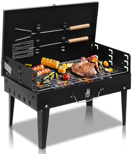 Outopee Portable Charcoal BBQ Grill, Foldable Barbecue Grill with Tool Hooks, Stainless Steel Charcoal Barbecues for Outdoor Camping, Picnic, Garden Party, Travel, 44×27×22 cm