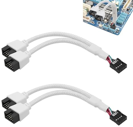 2 Pcs USB Header Splitter, Dual USB 2.0 Motherboard 9Pin Female to Male Extension Cable, Nylon Braided USB Header Splitter for Computer Motherboard, Adapter for PC Fans Data Transmission (White)