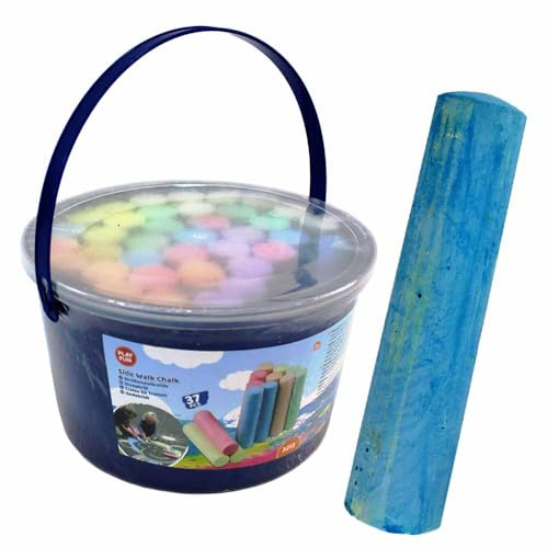 BEMIRO Straßenkreide für Kinder – 37 Stück im Eimer – bunte Malkreide für draußen – im blauen Kunststoffeimer – Kreide für Straße, Hof & Tafel – Outdoor-Spielzeug ab 2 Jahren