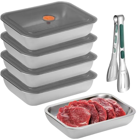 CAAGGMM 4 Stück Edelstahl Aufschnittboxen, Lebensmittel Aufbewahrungsbox mit Sichtdeckel und Edelstahlklammern, Stapelbar, Spülmaschinenfest für Kühlschrank, Frischhaltebox für Käse, Wurst, Fleisch