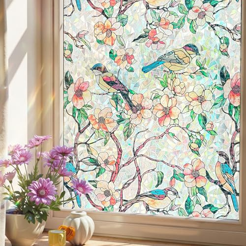 ADD.HERES Stained Glass Window Film, Flower and Bird Paradise 44X200CM