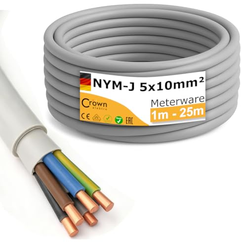 NYM-J 5x10mm² Mantelleitung | 1–25m Meterware | 5-adriges Starkstromkabel aus Kupfer | Feuchtraumkabel für Drehstrom, Wallbox & Elektroinstallation | Made in Germany (11m)