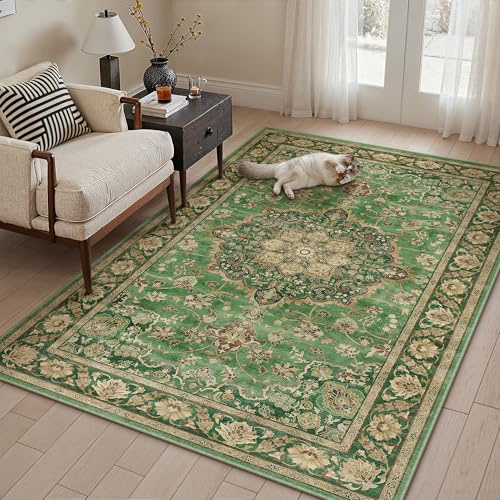 PureCozy Teppich Wohnzimmer 120x170cm Waschbarer Teppiche,Grün Gold | Weich Kurzflor Groß Carpet, Rutschfest, Leicht, Schlafzimmer, Esszimmer, Büro, Kinderzimmer