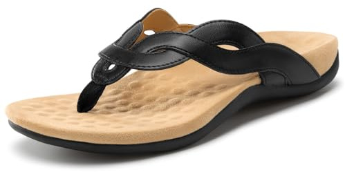 Rihero Women's Orthopedic Arch Support Sandals Orthotic Black Flip Flops Comfortable Casual Thong Slide Sandals for Summer Walking Size 7.5