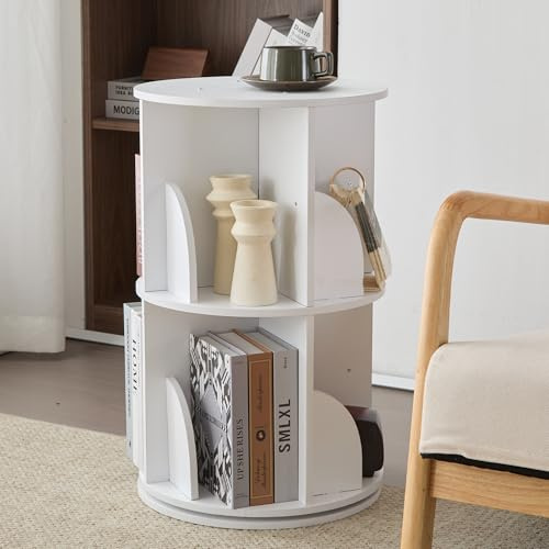Mingone Bücherregal Kinder 360° Drehbar, Weiß | 2-Ebenen Drehregal, MDF, Standregal & Schreibtischregal, Für Kinderzimmer, Wohnzimmer, Büro, 40x40x66 cm
