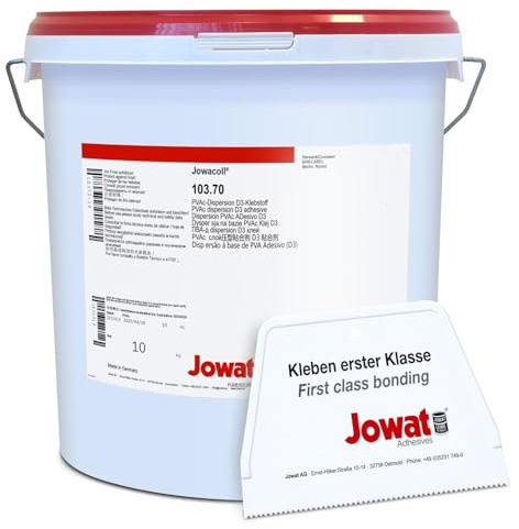 Jowat Jowacoll 103.70 PVAc D3 Holzleim 10 kg Eimer Set inkl. Leimspachtel – D3 Leim für Türen, Fenster, Möbelbau & Holzwerkstoffe