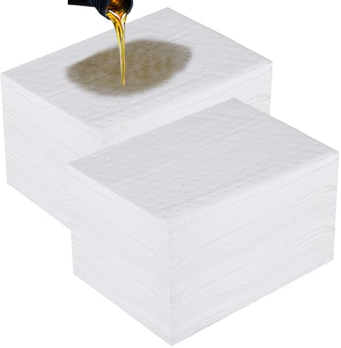 50PCS Spill Absorbent Pads 25 x 33cm 2mm Heavyweight Oil Absorbing Mats,White Absorbing Heavy Weight Oil-Only Absorbent Mat Pad for Workshop Garage and Home Use