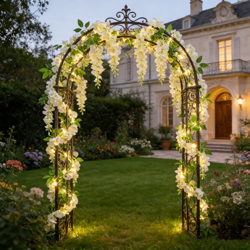 2pcs Artificial Wisteria Flowers with LED String Light, 7.9 inchArtificial Fake Wisteria Vine Ratta Hanging Garland Silk Flowers String Home Party Wedding Decor (White)