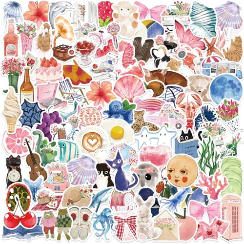 Alethron 100 Stück Sticker Aesthetic Set - Watercolor Aufkleber, Wasserfeste Cute Sommer Watercolor Sticker für Laptop, Kindle, Fotoalbum, Trinkflasche, Journal & Mehr