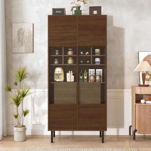 vutizal Vitrinenschrank 75 cm Nussbaum-Optik | Glasfront, 4 Schubladen, Etagenregal & Barregal, mehrzweck-Aufbewahrungsschrank für Bad, Wohnzimmer & Büro