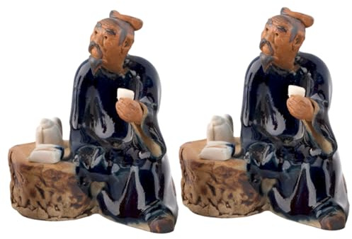 Faroby 2Pcs Bonsai Figurines Mini Chinese Sitting Figurines Ceramic Garden Statue Ornament for Fish Tank Micro Landscape Bonsai Fairy Garden, Collectible