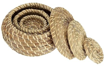 dijiusidy Panier de rangement décoratif en jonc de mer pour organiser, élégant panier rond tressé avec couvercle, petit en osier naturel jonc mer avec couvercle, décoration salle bain,