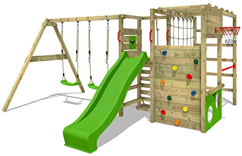 FATMOOSE Spielturm Klettergerüst ActionArena Air mit Schaukel & apfelgrüner Rutsche, Outdoor Kinder Kletterturm mit Leiter, Basketballkorb & Spiel-Zubehör für den Garten
