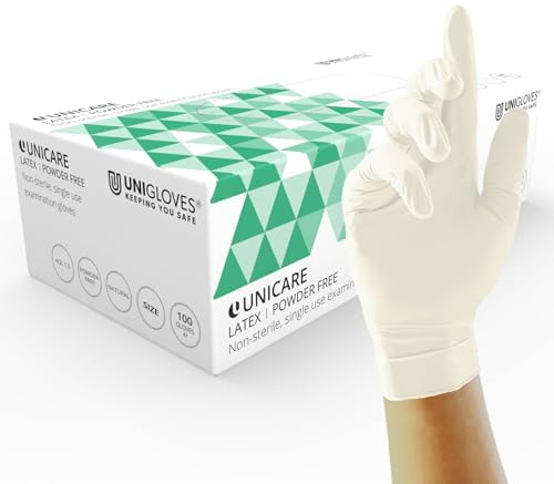 UNIGLOVES Guantes desechables de látex Unicare: guantes multiuso, sin polvo, para exploración; caja de 100 guantes, color natural, talla extra pequeña (GS0011)
