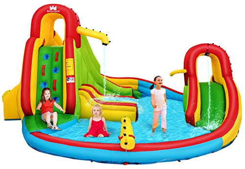 COSTWAY Inflatable Bouncy Castle, Blow up Water Park with Double Slides, Climbing Wall, Water Gun and Splashing Pool, Summer Outdoor Play Center for Kids
