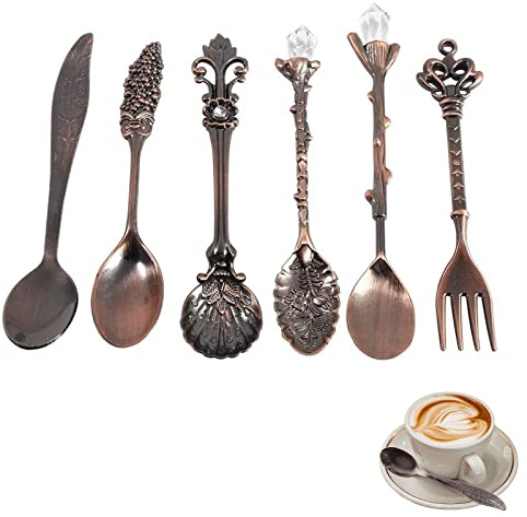 6er Set Vintage Kaffeelöffel, Royal Style Metall Teelöffel Eiskaffee Espresso Mini Löffel Dekorative Dessertlöffel für Cafe Home Office Bar und Teepartys (Rotes Messing)