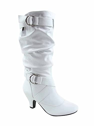 Forever Link Maggie-39 Women's Fashion Low Heel Zipper Slouchy Mid-Calf Boots Shoes (White PU, numeric_7)