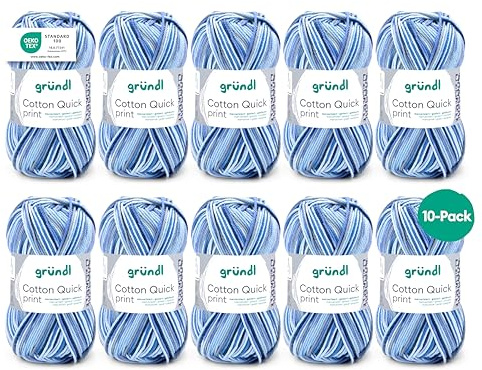 Gründl Laine Cotton Quick print – laine fine pour le crochet avec dégradé de couleurs - respectueuse de la peau – 100% coton – 10 pelotes 50 g / 125 m – taille d’aiguille 3–4 - bleu