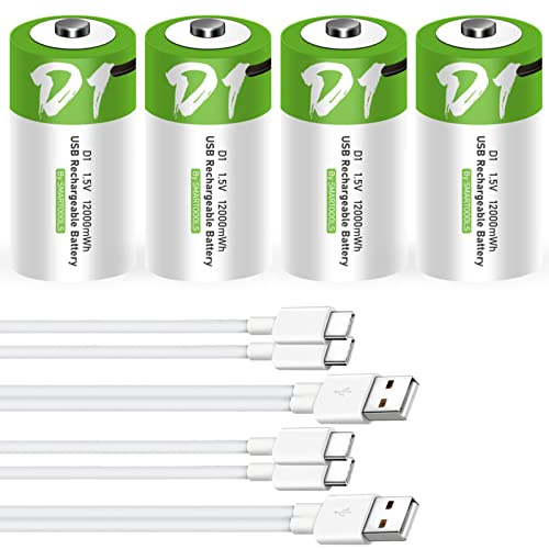 CAMELCELL D Batteries 4 Pack,D Cell Batteries 4 Pack,Rechargeable D Batteries with Charger Cable, Rechargeable D Batteries 4Pack,12000mWh 1.5V Lithium D Battery for Flashlights Clocks Tools Toys