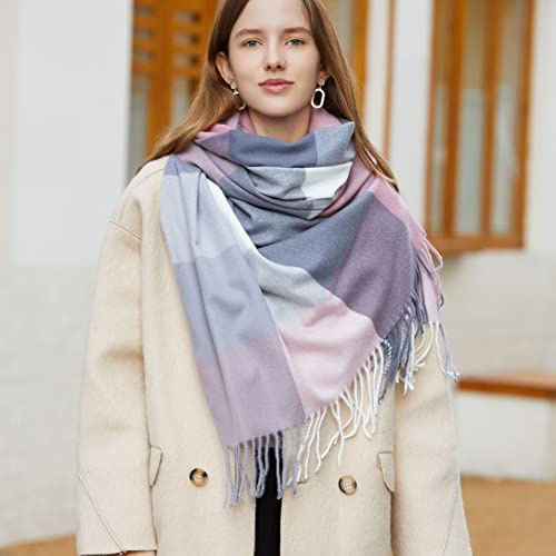 Damen Schal Karoschal,XXL Warm Winter Kariert Winterschal Herbstschal Schals mit Plaid Karo-Muster Oversized Warm Long Stole Poncho Langer Schalcape Deckenschal Halstuch Scarf,Rosa Grau